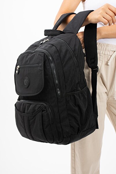 DUOMİNO Fcstore Crinkle Fabric Water Resistant Large Size Black Clinker Backpack/laptop Travel School Bag