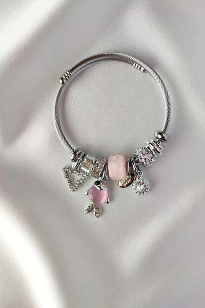 Saint Charmes Silver Color Charm Pink Fish Steel Bracelet