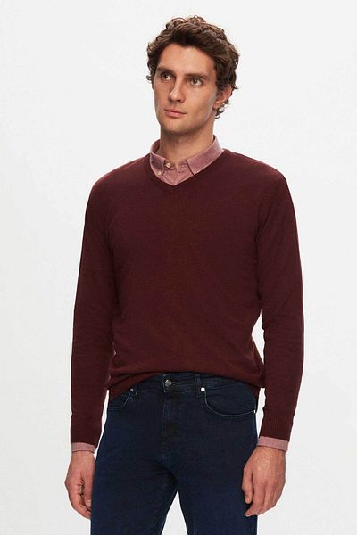 D'S Damat Weinroter Strickpullover mit V-Ausschnitt und normaler Passform
