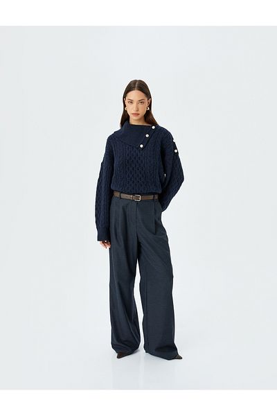 Koton Long Sleeve Gold Button Detailed Turtleneck Hair Knit Sweater