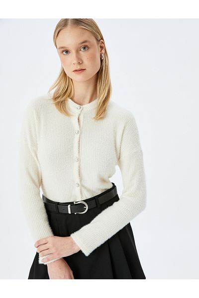 Koton Crew Neck Soft Textured Cardigan with Pearl Button Detail