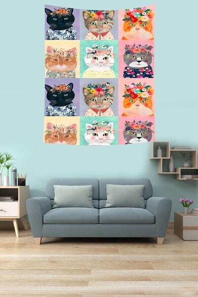 Pelangi غطاء حائط من القماش المقاوم للبقع بنمط قطة بنمط زهور