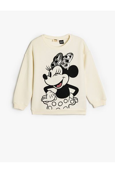 Koton Minnie Mouse Licensed Long Sleeve Sequin Sequined Sweatshirt - Crew Neck Raised