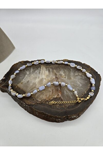 NBS Beautiful Naturel Stones Kalsedon Doğal Taş Kolye 40 cm Zarif ( Altın Kaplama Zincir ) Doğal kesim aa kalite