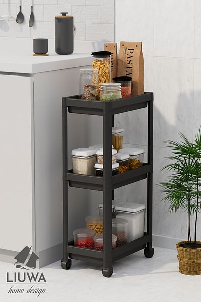 LIUWA Peggy 3-Tier Organizer - Kitchen Shelf with Wheels, Bathroom Shelf, under Counter and under Sink Detergent Holder (Black)