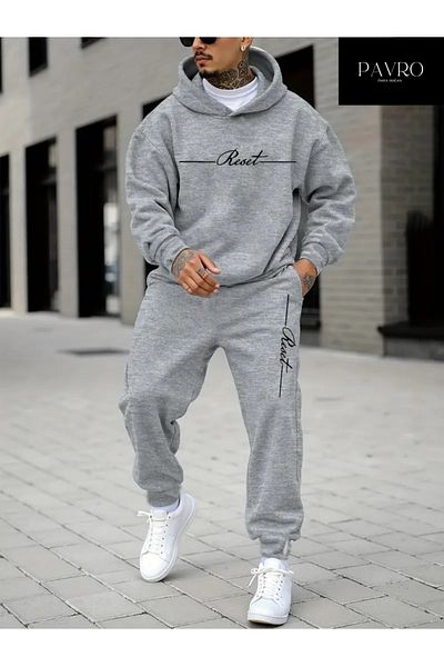 PAVRO Reset Printed Oversize Tracksuit Set - Hooded Sweatshirt and Jogger