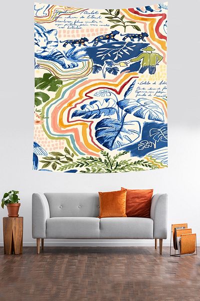 Pelangi Man and Cats Stain Resistant Wall Tapestry - Watering Leaves Flowers Tapestry