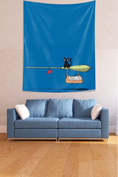 Pelangi سجادة حائط من القماش المقاوم للبقع على شكل قطة سوداء تحلق مع مكنسة ال...