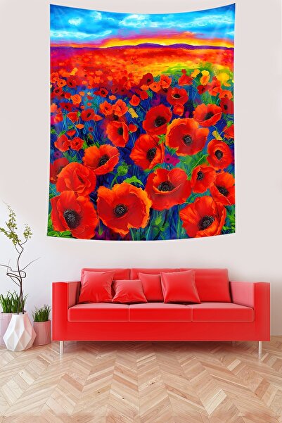 Pelangi غطاء حائط من القماش المقاوم للبقع من Sunset and Poppy Field Tapestry