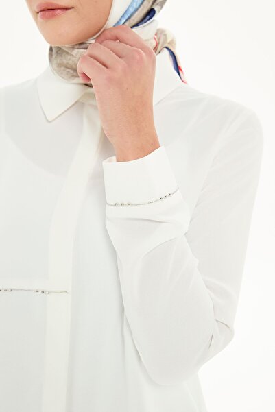 Tuğba Aksesuar Şerit Detaylı Yırtmaçlı Tunik - Ekru