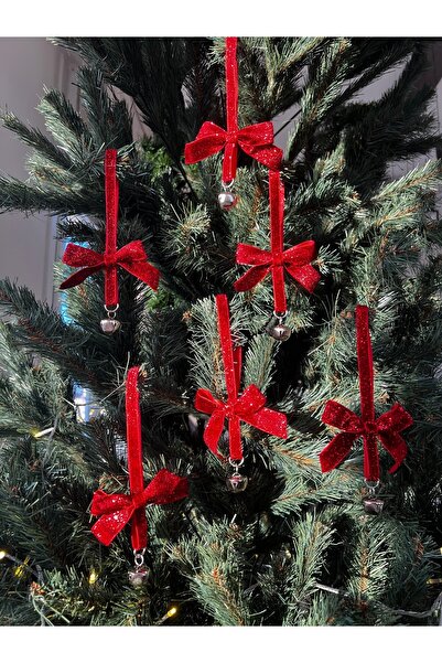 kadifecim Ornament de Crăciun de lux pentru brad de pin, cu panglică de catifea roșie argintie și lanț cu clopoței, 3 bucăți