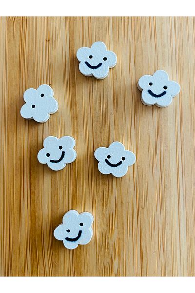 Kartopu White Painted Patterned Shaped Wood Button 12mm X 13mm. Pack of 6. The Smiling Face.