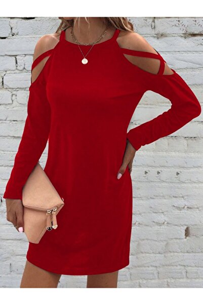 Kokosh moda Kadın Uzun Kollu Omuz Açık Askı Detay Viskon Mini Boy Elbise