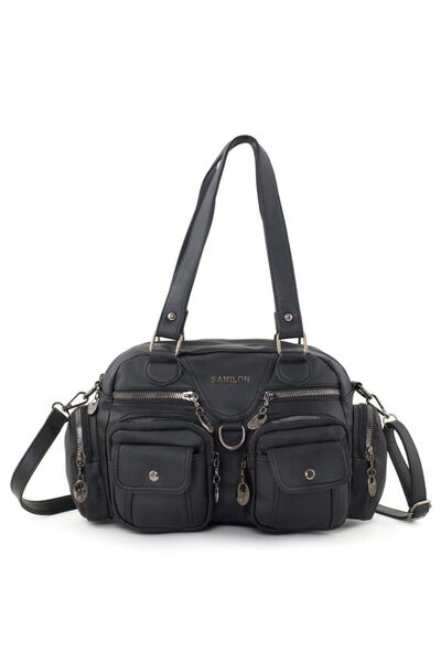 Genel Markalar Samılon Kadın Siyah Yıkama Deri Çok Gözlü Omuz Ve Kol Çantası