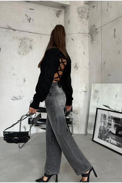 THIMOON Black Turtleneck Crop Sweater with Back Detail