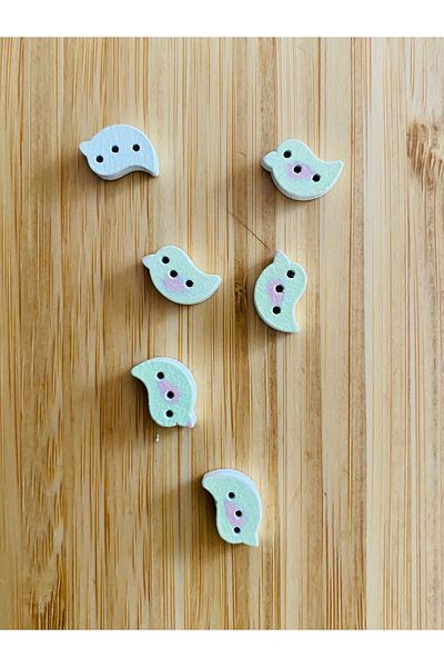 Kartopu White Painted Patterned Shaped Wood Button 9mm X 13mm. Pack of 6. The Bird Figure Is Green.