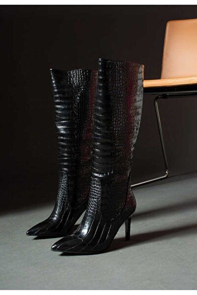 YAKUPLAR Siyah Leo Kroko Dizaltı Topuklu Çizme