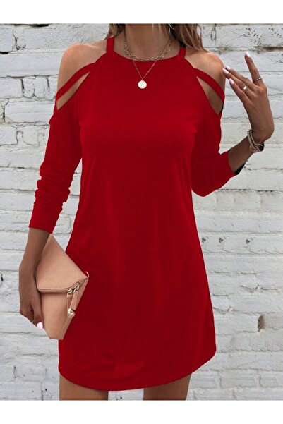 Kokosh moda Kadın Uzun Kollu Omuz Açık Askı Detay Viskon Mini Boy Elbise
