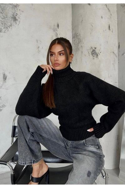 THIMOON Black Turtleneck Crop Sweater with Back Detail