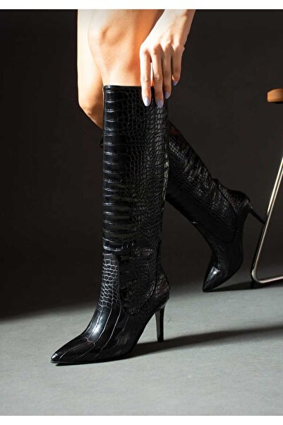 YAKUPLAR Siyah Leo Kroko Dizaltı Topuklu Çizme