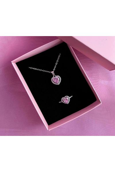 İthal Steel Silver Heart Pendant and Heart Adjustable Zircon Ring