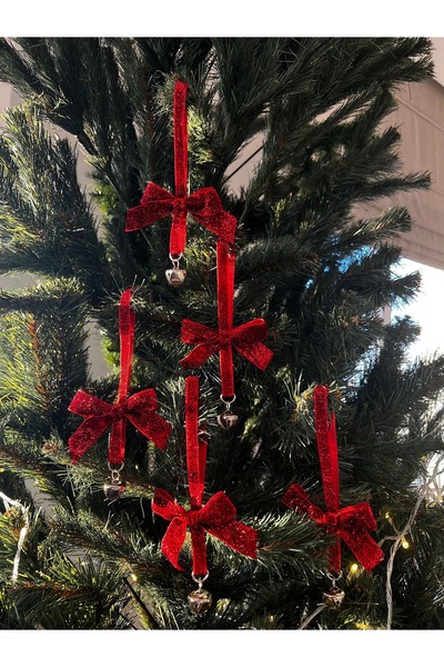 kadifecim Ornament de Crăciun de lux pentru brad de pin, cu panglică de catifea roșie argintie și lanț cu clopoței, 3 bucăți