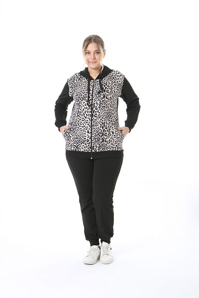 MODA LİZZA Plus Size Two Threads Leopard Black Tracksuit Suit