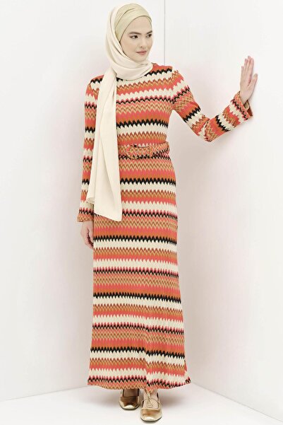 Tuğba Zikzak Desenli Örme Elbise - Kırmızı