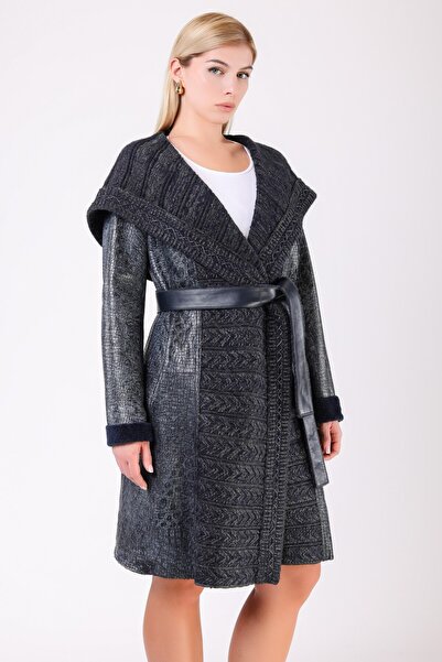 Leather Club Lacivert Triko Aksesuarlı Kürk Kaban