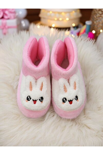 Burcumay Kız Çocuk Pembe Tavşanlı Panduf Kışlık Yumuşak Peluş Ev Ayakkabısı