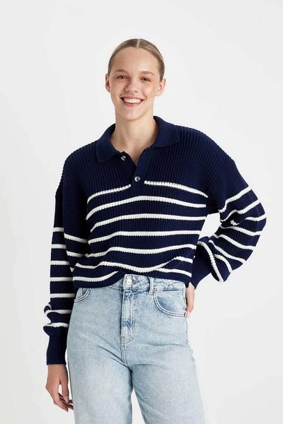 DeFacto Coool Relax Fit Polo Collar Half Button Striped Knitwear Sweater C4918Ax24Wn