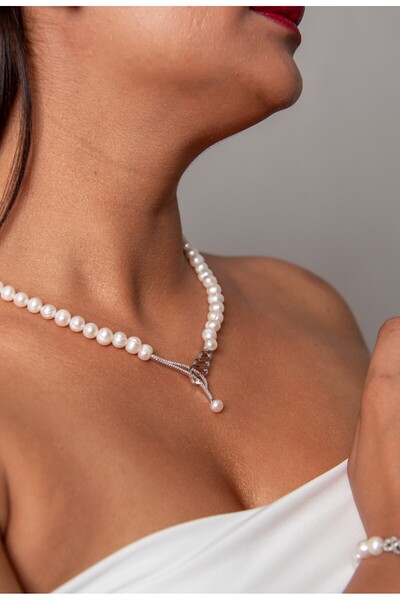 Sinemkacay 925 AYAR GÜMÜŞ RODYUM (BEYAZ ALTIN) KAPLAMA GERÇEK İNCİ KOLYE