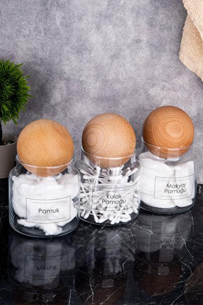 DNS HOME Σετ μπάνιου από βαμβάκι 3 τεμαχίων με ξύλινες μπάλες και διαφανή ετικέτες - Δοχείο αποθήκευσης Cami