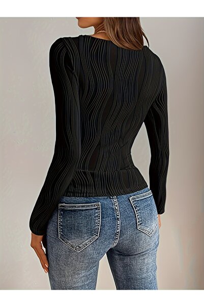 Fashion'S Μαύρο ελαστάν πολυεστέρας Pluz ψηλόμεσο μακρυμάνικο στρογγυλό λαιμό κλασικό πλεκτό ύφασμα