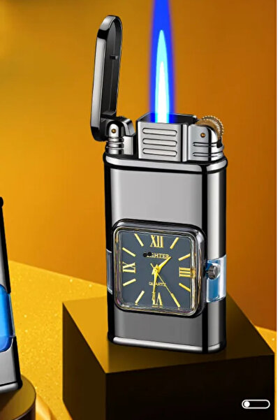 flabox Şık Tasarım Saatli Çakmak Metal Gövde Işıklı Saatli Çakmak Turbo Gazlı Çakmak
