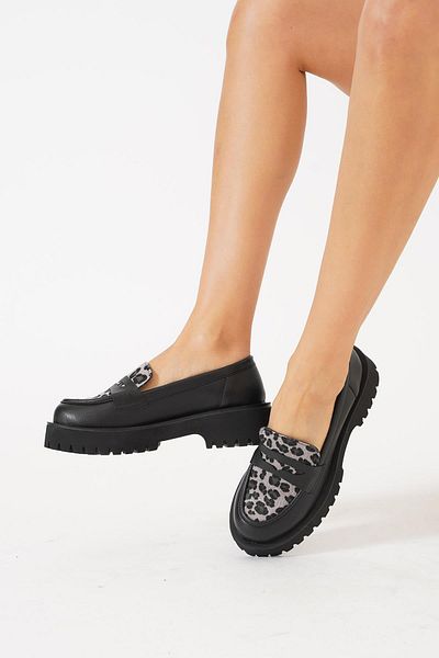 Moda Pie Leofer Potesar - Black and Gray Leopard Print Women's Shoes with Belt