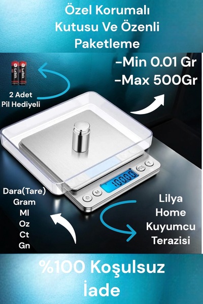 Lilya Home 0,1gr Dijital Hassas Mutfak Ve Kuyumcu Terazisi 0,1gr-3000gr