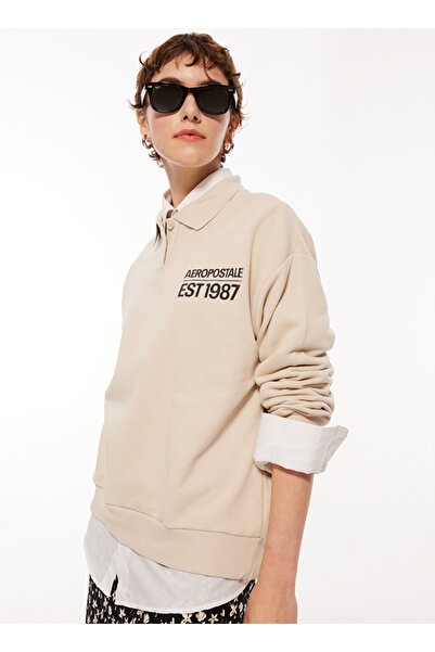 Aeropostale Polo Yaka Baskılı Bej Kadın Sweatshırt A3WL-SWT14 Beden: S