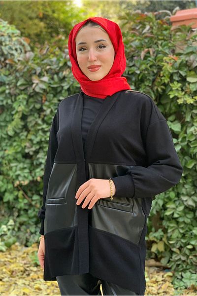 Moda Rosa 25K5276 - Black- Leather Detail Camisole Jacket