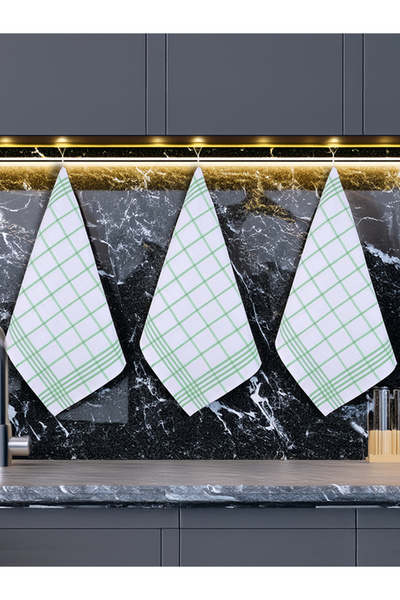 Tuable Waffle Desen 3'lü Elma Yeşil Mutfak Kurulama Bezi, Beslenme Örtüsü, Amerikan Servisi, Set 50x70cm