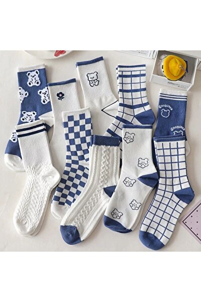 Aze 10 (ÇİFT) Harajuku Tarzı Karikatür Yaratıcı Çizgili Damalı Ayı Çorap Baha...