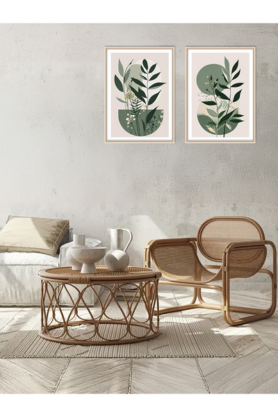 Ahşap Çerçeveli Minimalist Yeşil Sadelik 2'li Set Tablo