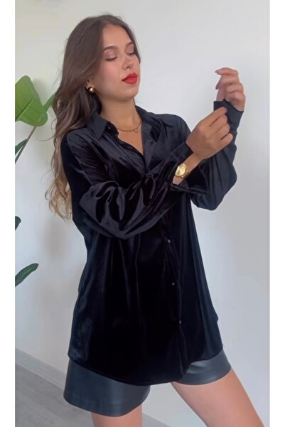 BERİ BUTİK Kadın Siyah Kadife Gömlek
