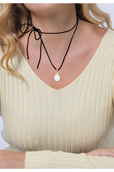 ELLI Dámský náhrdelník s přívěskem a mašlí, perlami z mušlí a saténovou bílou barvou ze sterlingového stříbra 925