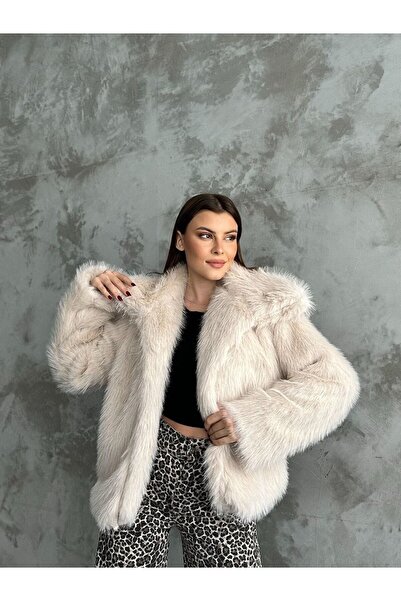CELITA Γυναικείο γούνινο παλτό Oversize με επένδυση σε χρώμα πέτρας