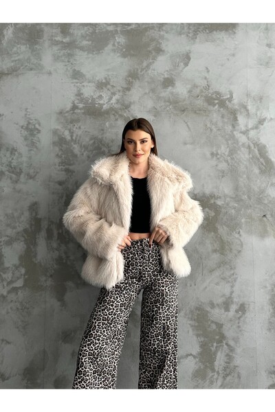 CELITA Γυναικείο γούνινο παλτό Oversize με επένδυση σε χρώμα πέτρας