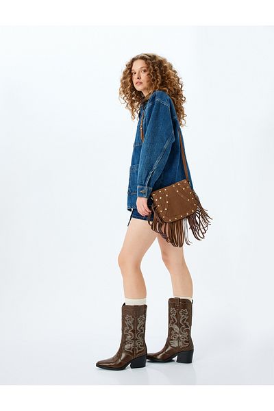 Koton Suede Tasseled Crossbody Bag with Staple Detail - Koton X Zeynep Pillow
