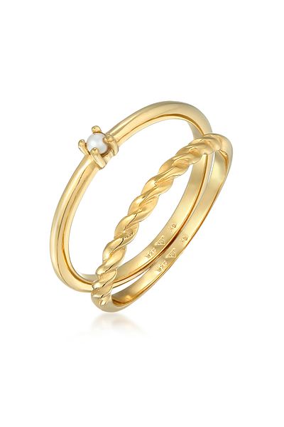 ELLI Ring Ladies Classic Twisted Set Of 2 With Glass Bead In 925 Sterling Silver Gold Plated