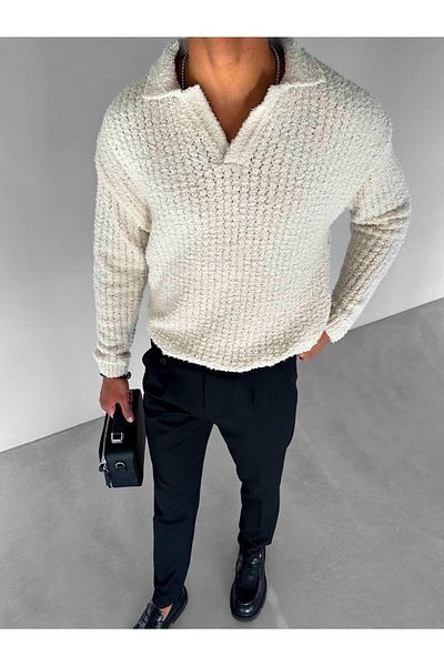 ablukaonline Men's Oversize Soft Textured Knitted Sweater Cream