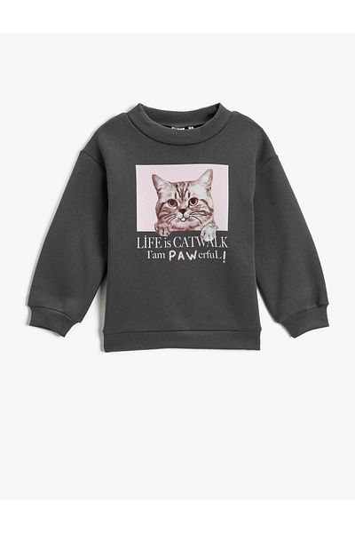 Koton Cat Printed Sweatshirt Long Sleeve Crew Neck Ribbed